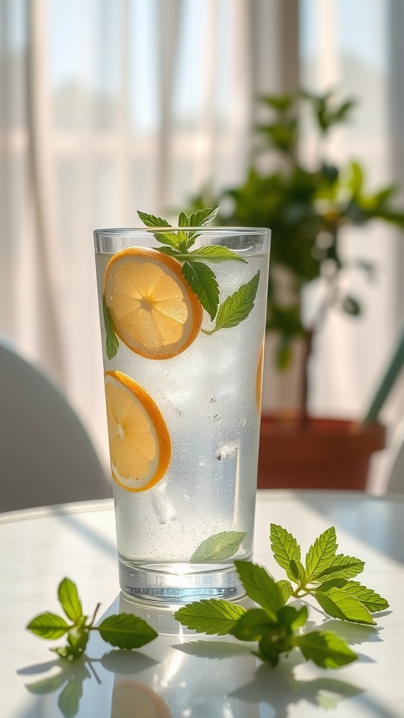 A glass of water with lemon slices and fresh mint leaves, on a table with sunlight filtering through the background.