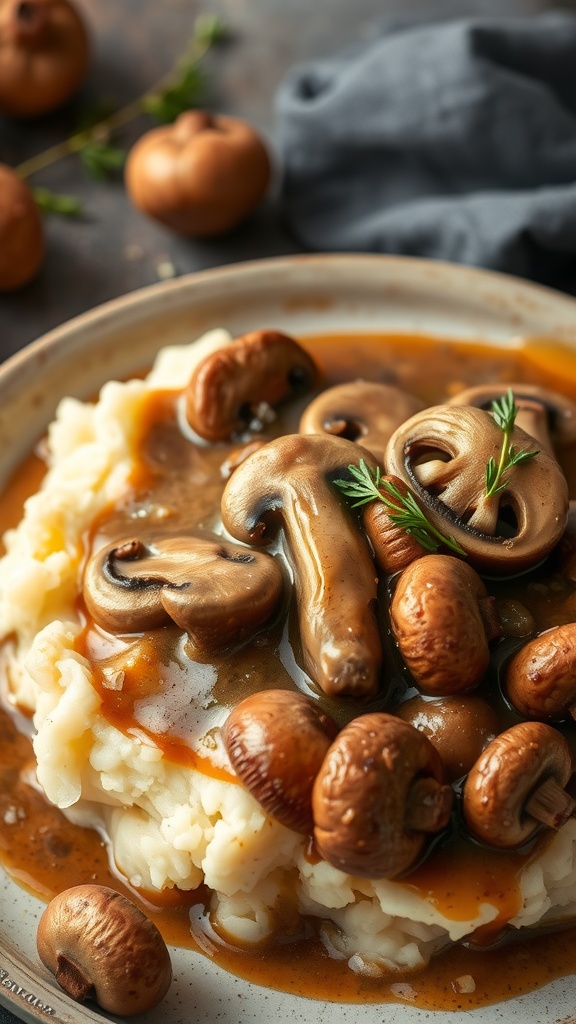 Delicious earthy mushroom gravy served over mashed potatoes.