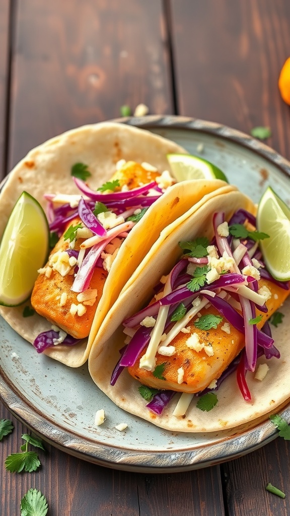 Easy air fryer fish tacos with toppings and lime wedges.