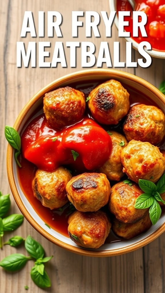 Air fryer meatballs served with marinara sauce and fresh basil