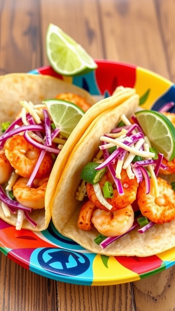 Two shrimp tacos with colorful toppings and lime wedges on a plate.