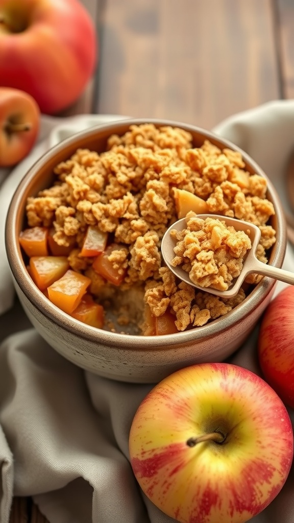 A bowl of delicious apple crisp with a crunchy topping
