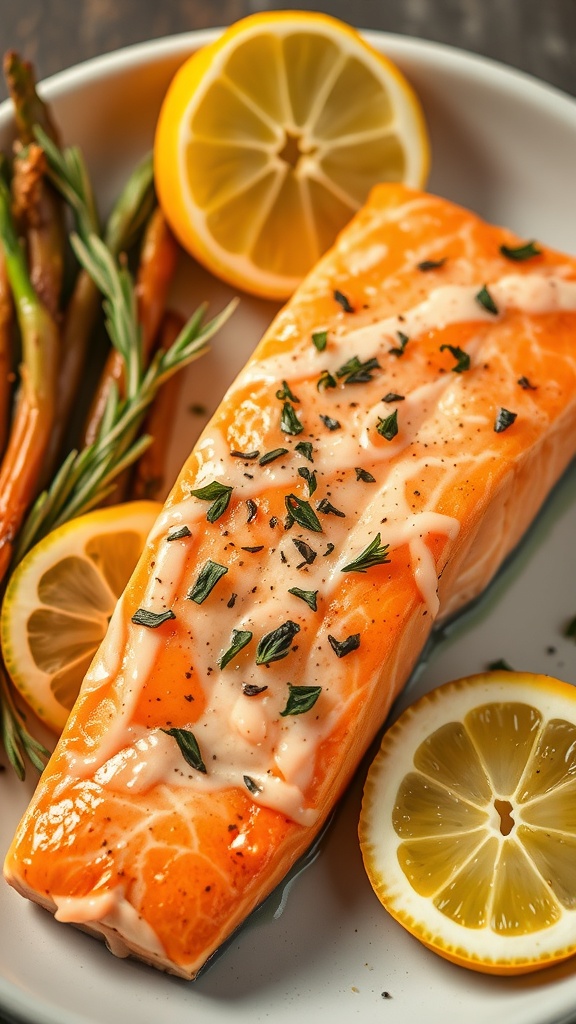Baked salmon fillet with lemon slices and herbs