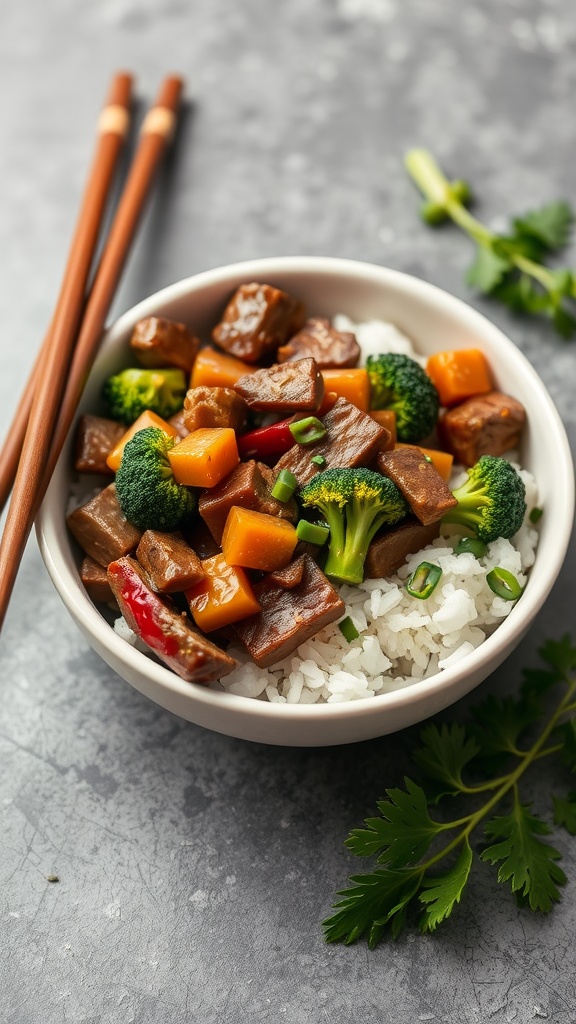 A bowl of beef and broccoli stir-fry served over rice.