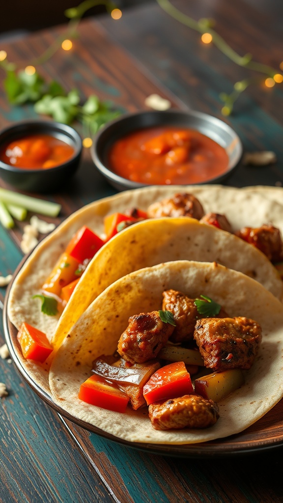 A plate of chicken fajitas with colorful bell peppers and onions in warm tortillas, served with salsa.