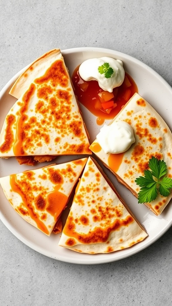 A plate of chicken quesadillas cut into triangles, served with salsa and sour cream.