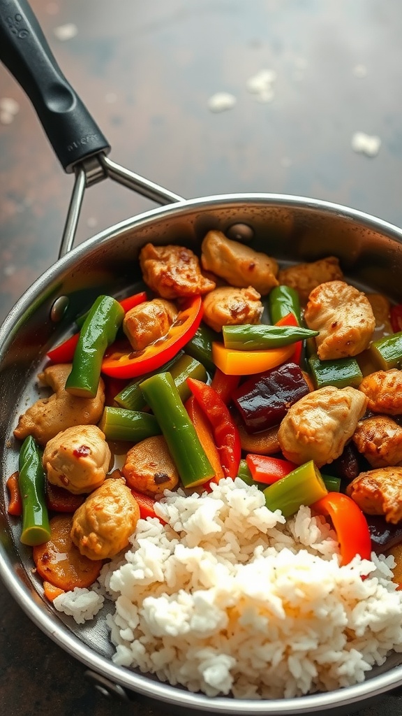 A colorful chicken stir-fry with bell peppers, snap peas, and rice.