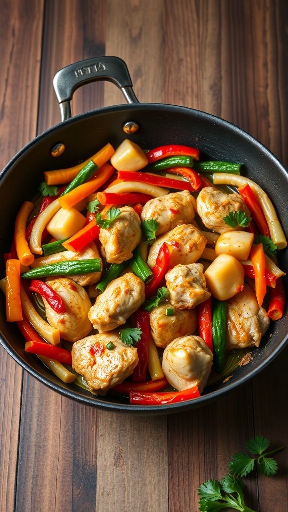 Colorful chicken stir-fry with bell peppers and broccoli in a skillet.