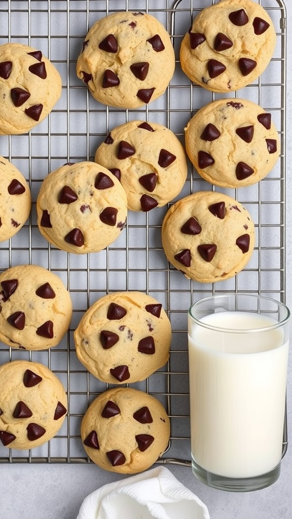 Delicious chocolate chip cookies cooling on a wire rack
