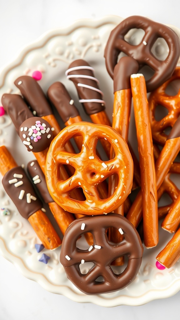 A plate of chocolate dipped pretzels, showcasing a variety of shapes and decorations.