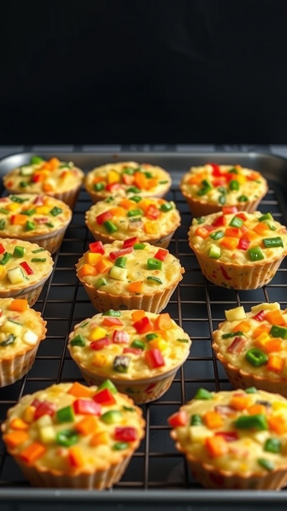 A tray of colorful egg muffins with various vegetables, freshly baked and cooling on a rack.