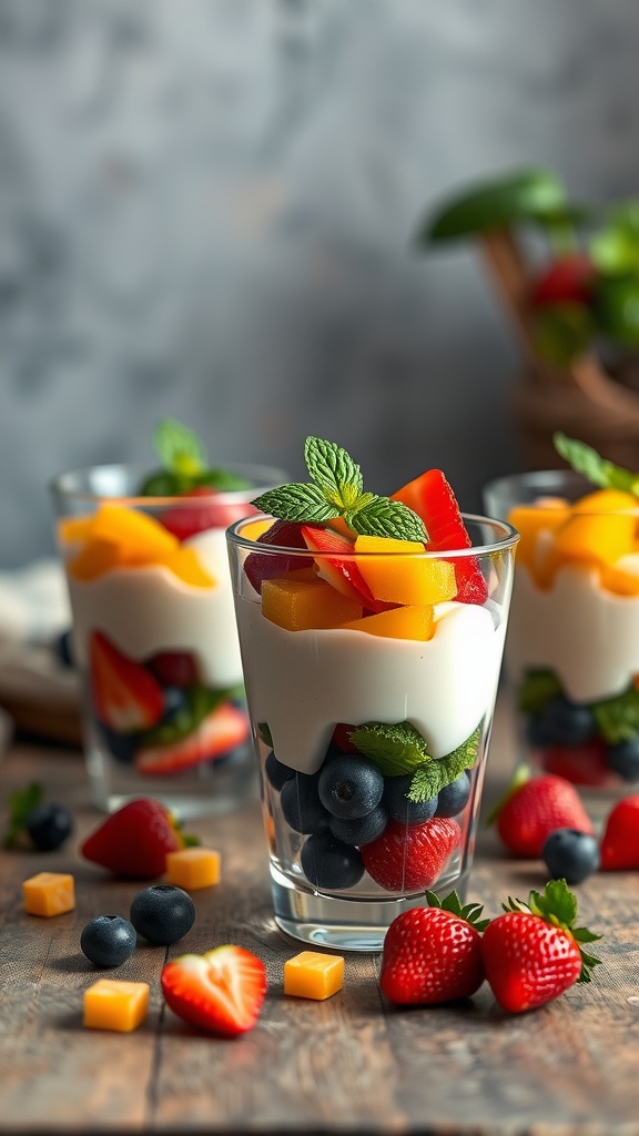 Delicious fruit and yogurt parfaits with layers of yogurt, fresh fruits, and granola in a clear glass.