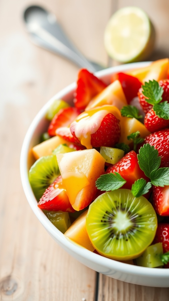 A colorful bowl of fruit salad with honey lime dressing, featuring strawberries, kiwi, and cantaloupe garnished with mint.