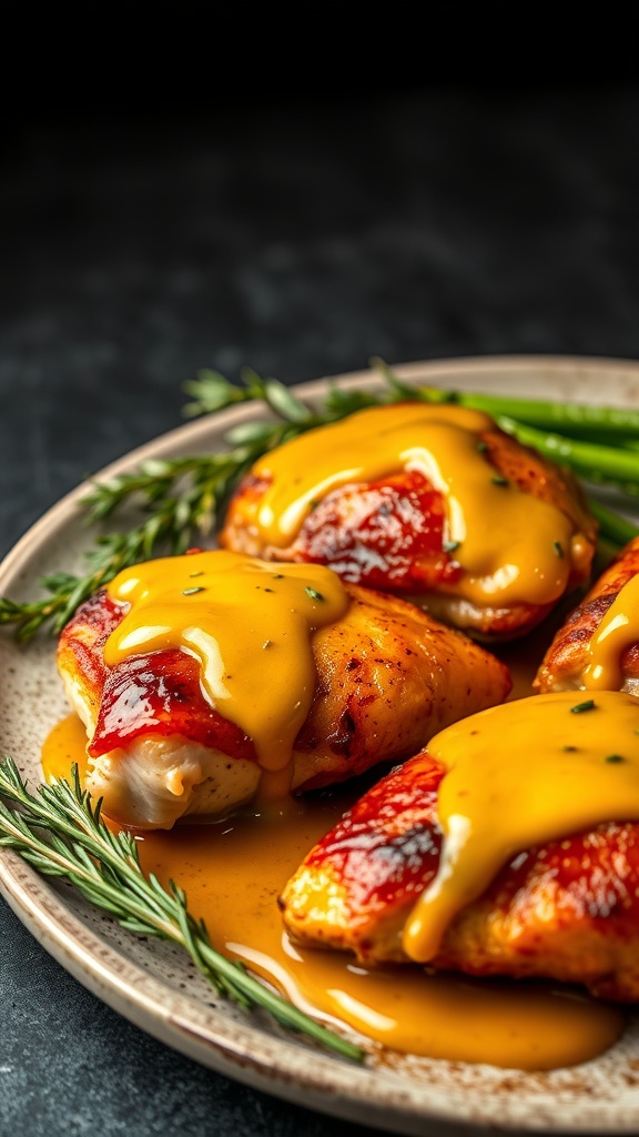 Honey mustard chicken with a golden glaze served on a plate