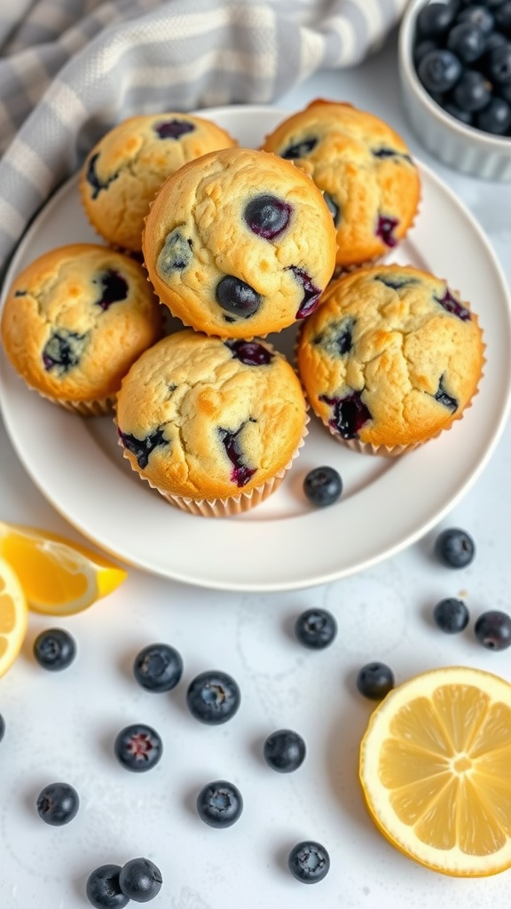 A plate of fluffy lemon blueberry muffins with fresh blueberries and lemon slices nearby.