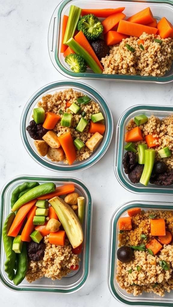 Meal prep containers filled with colorful grains and vegetables.