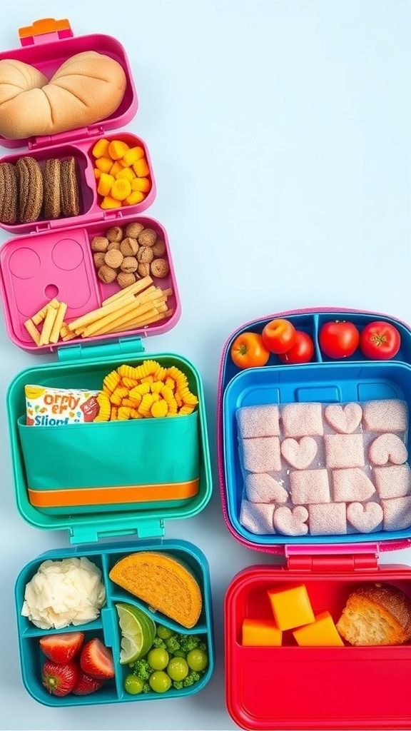 Colorful lunchbox filled with various foods including bread, fruits, and snacks.