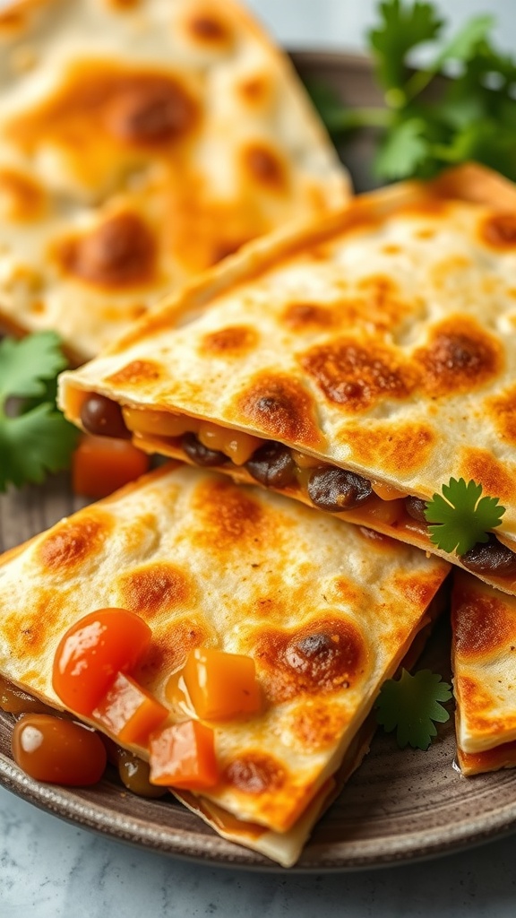 Delicious cheese and bean quesadillas on a plate with colorful diced peppers and cilantro.