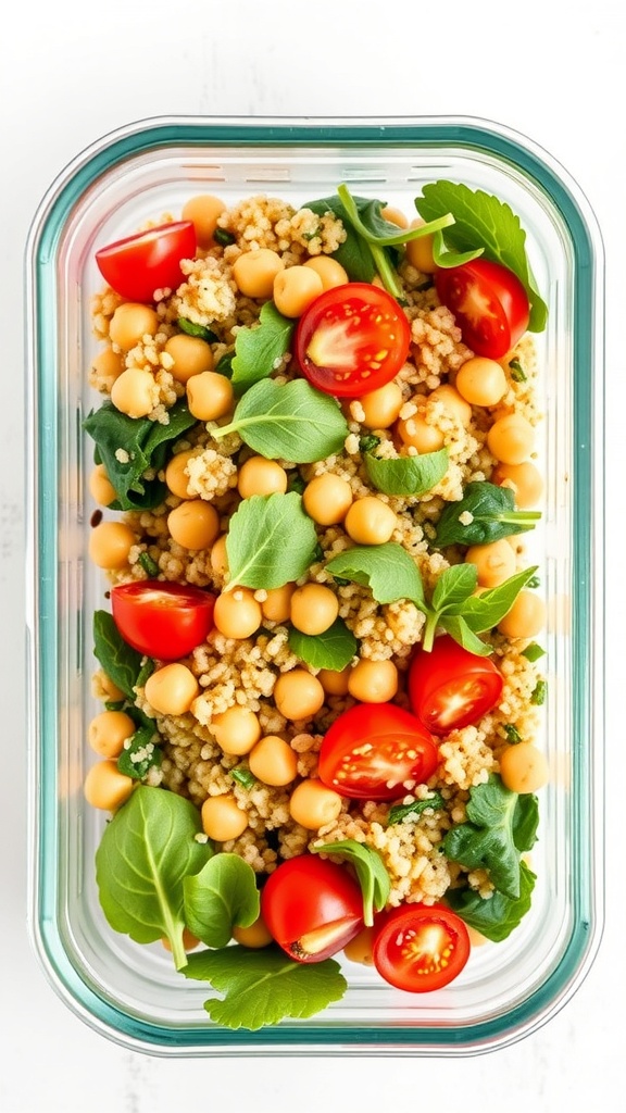 A colorful quinoa salad with chickpeas, cherry tomatoes, and fresh greens in a glass container.