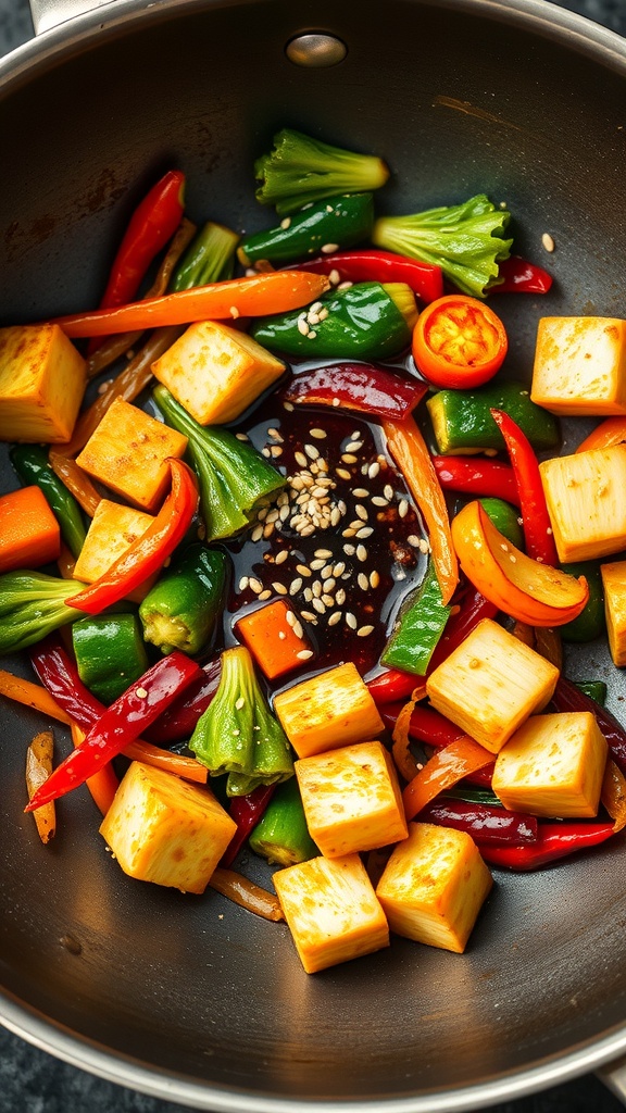 A colorful vegetable stir-fry with tofu in a pan, featuring bell peppers, broccoli, and sesame seeds.