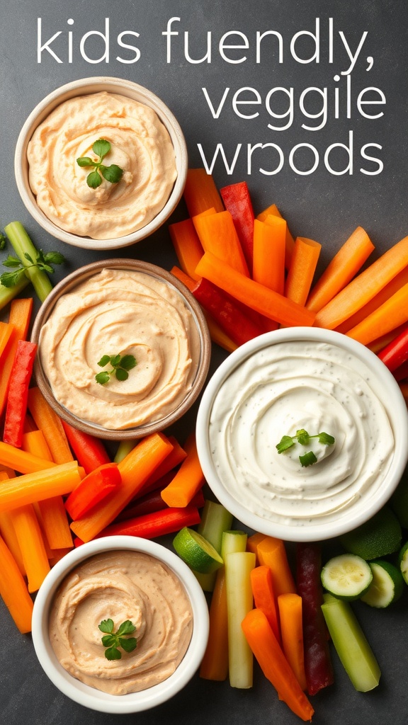 Colorful veggie dips with fresh vegetables for kids