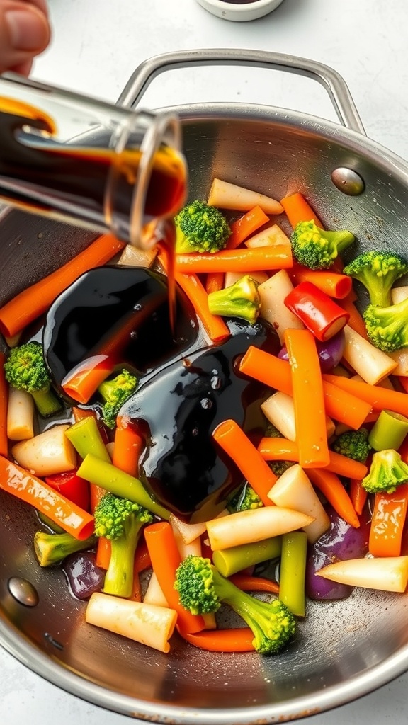 A colorful veggie stir-fry with broccoli, carrots, and bell peppers being prepared in a pan.