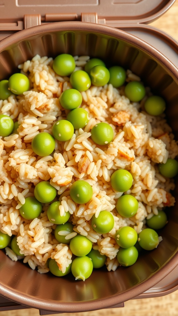 A brown rice bowl with edamame, showcasing a healthy lunch option.