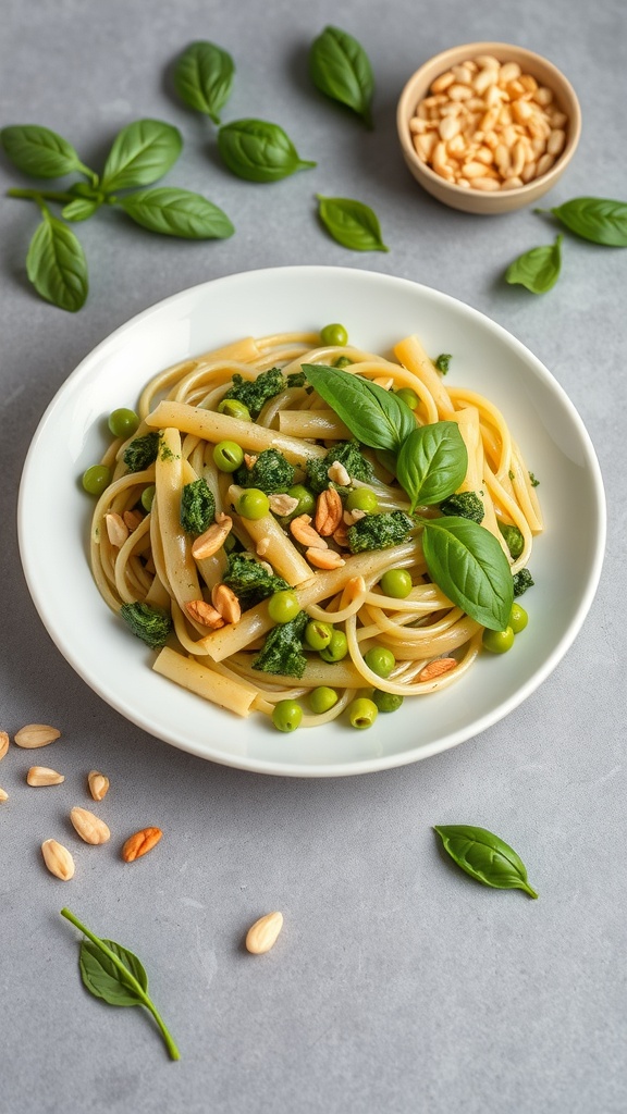 A plate of edamame and spinach pesto pasta garnished with fresh basil and pine nuts.