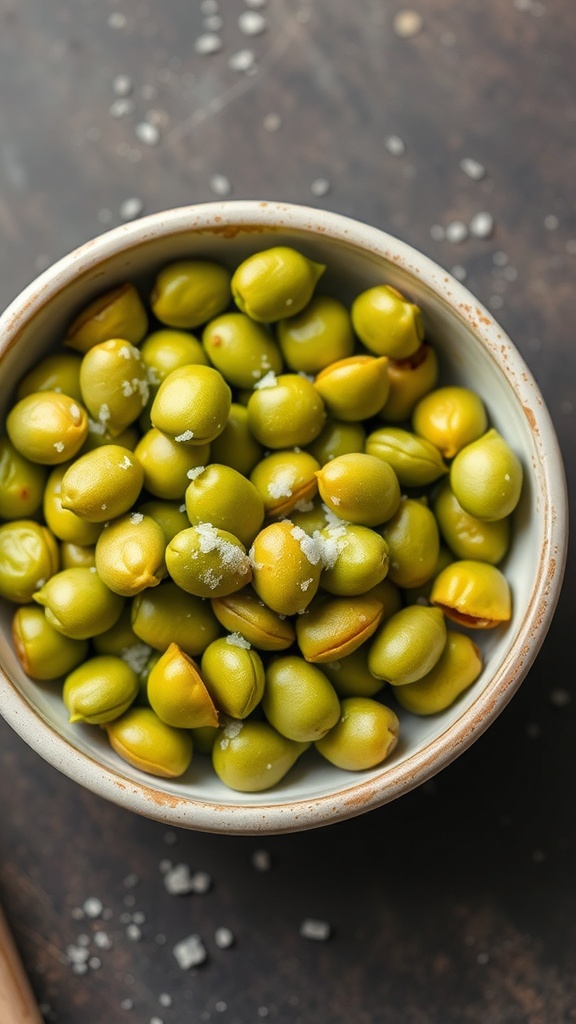 A bowl of edamame sprinkled with sea salt
