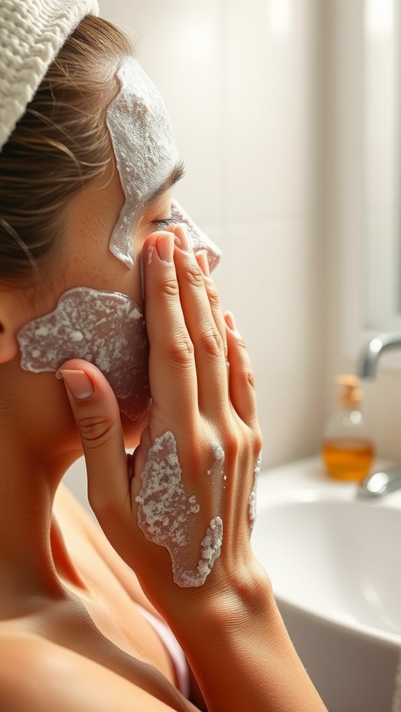 A person applying an exfoliating scrub to their face, demonstrating effective exfoliation techniques.