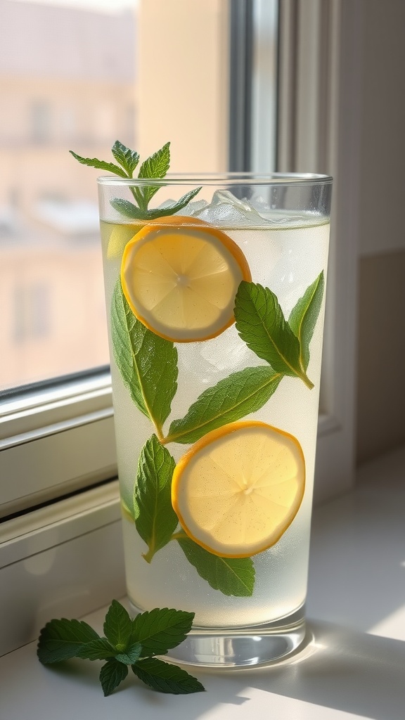 A glass of refreshing lemon mint drink with ice next to a window.