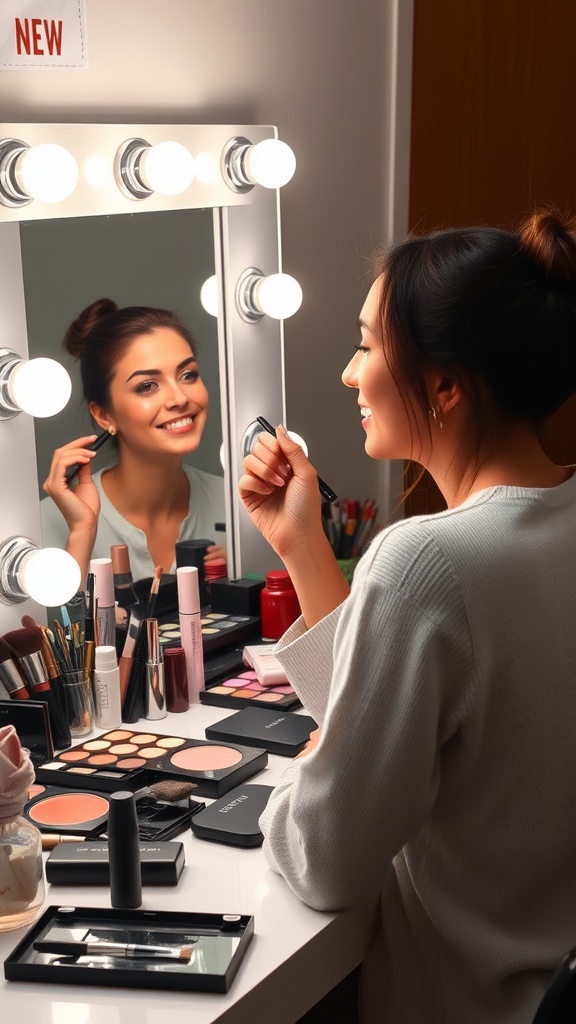A young woman smiling while applying makeup in front of a well-lit mirror, surrounded by various makeup products.