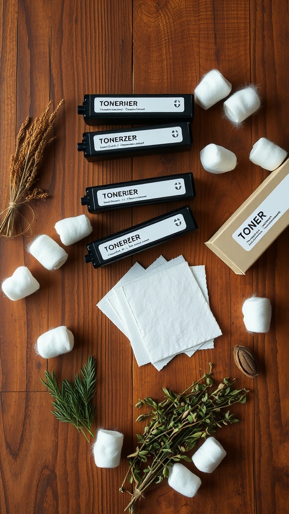 An arrangement of toner bottles, cotton pads, and herbs on a wooden table.