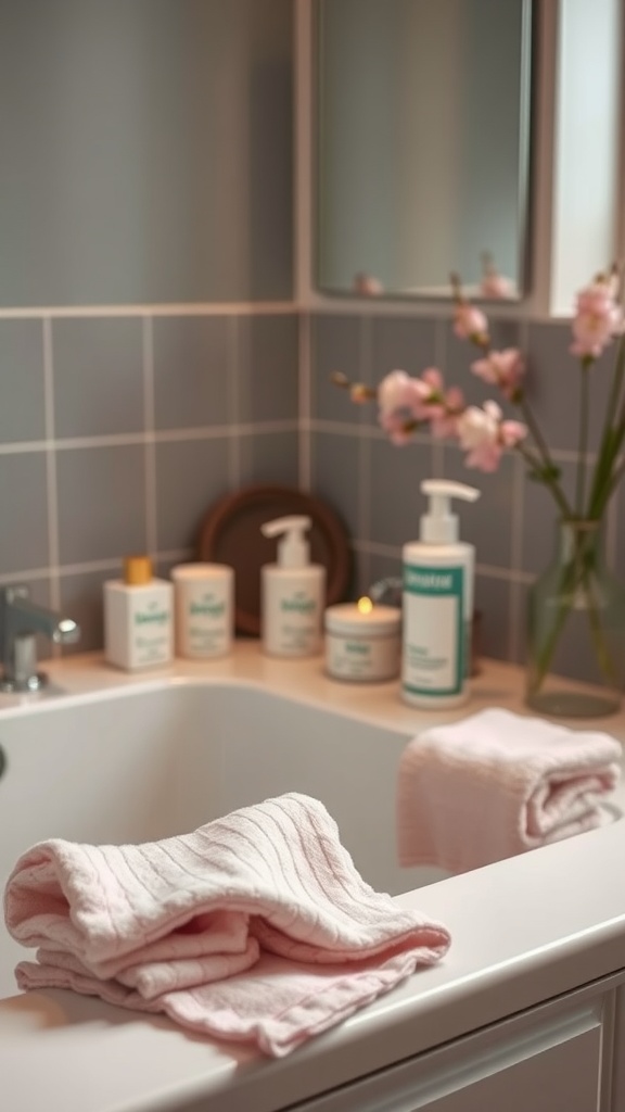 A serene bathroom setup with towels, skincare products, and flowers.