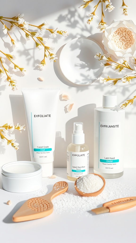 A collection of exfoliating skincare products arranged aesthetically with flowers and natural elements.