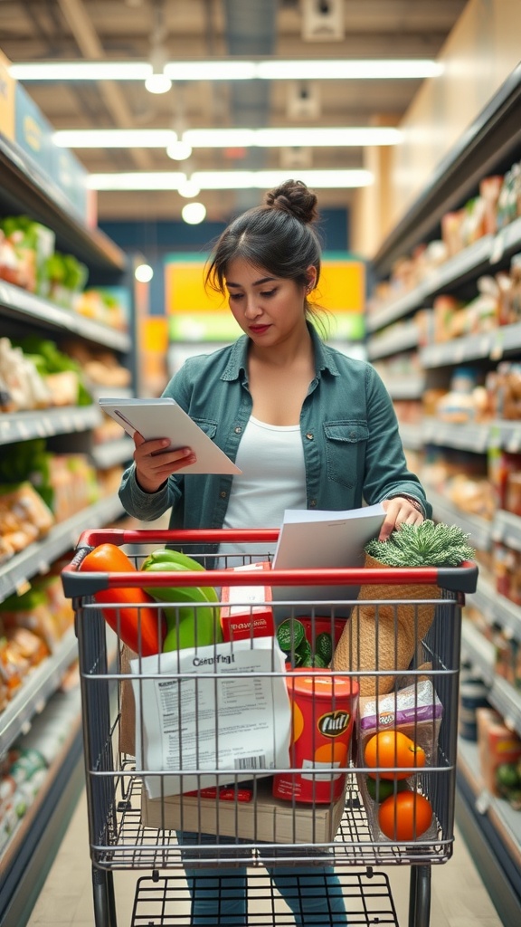 A woman grocery shopping with a cart full of fresh produce and pantry items, checking her list.