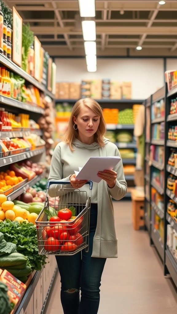 A woman shopping for groceries with a list and a basket of tomatoes in a grocery store aisle.