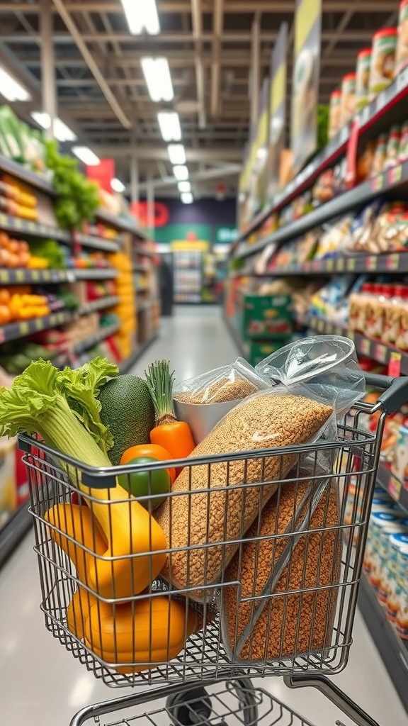 A shopping cart filled with fresh vegetables and grains in a grocery store aisle.