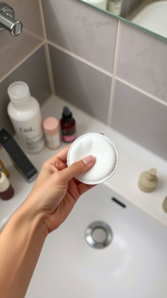 A hand holding a cotton pad above a bathroom sink, with various skincare products in the background.