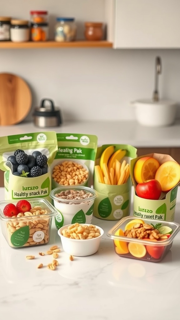 Healthy snack packs with fruits, nuts, and yogurt.