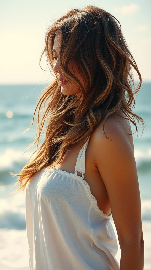 A woman with loose beach waves, standing near the ocean, looking relaxed and carefree.