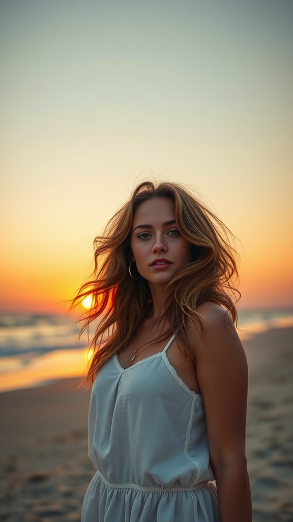 A woman with wavy hair standing on the beach during sunset.