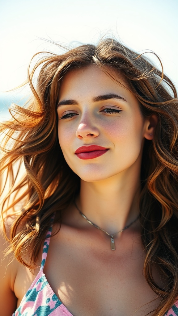 A woman with beach waves hairstyle, smiling in the sunlight.