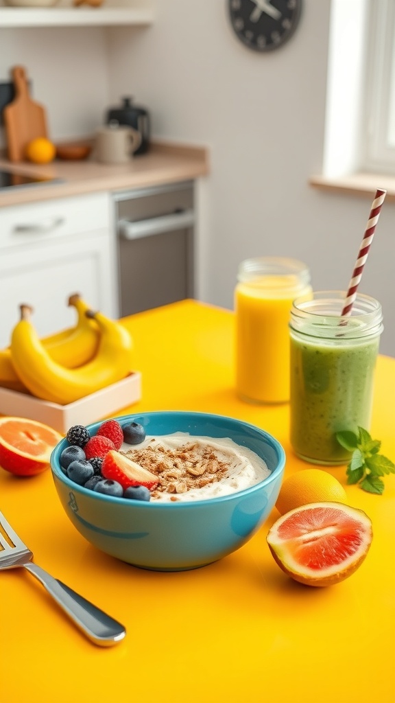 A bright kitchen with a bowl of yogurt topped with berries, a green smoothie, and fresh fruits on a yellow countertop.