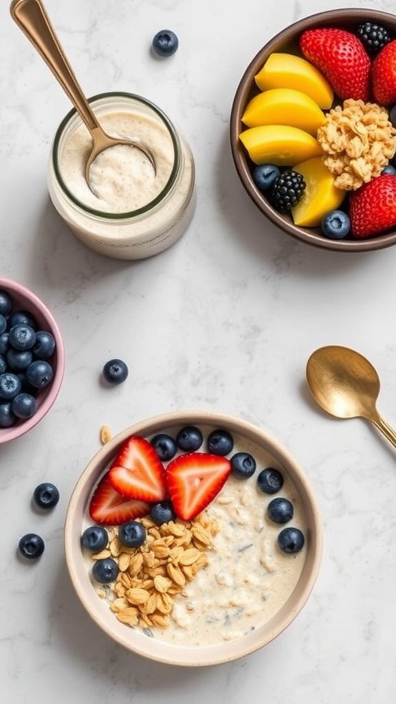 A colorful breakfast spread featuring oatmeal with berries, a jar of yogurt, and a bowl of mixed fruits.