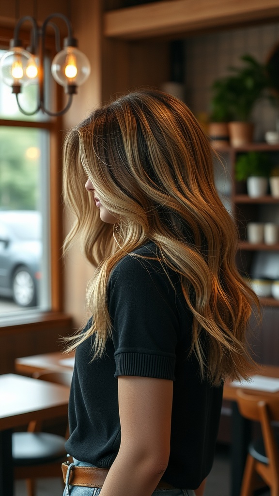 A woman with layered waves hairstyle, wearing a black shirt, standing near a window in a cozy café setting.