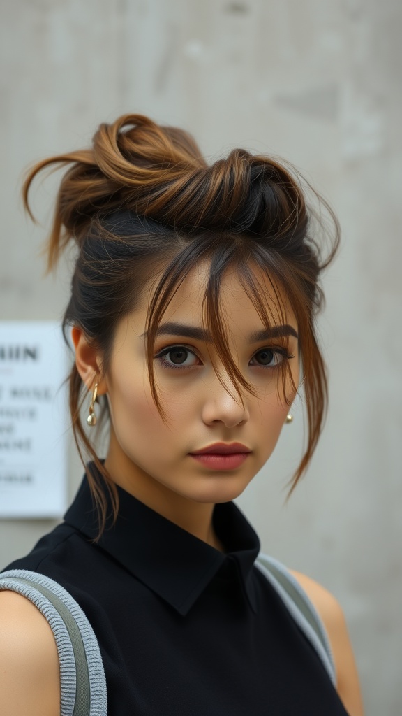 A young woman with a messy bun hairstyle, featuring loose strands framing her face, wearing a black top.