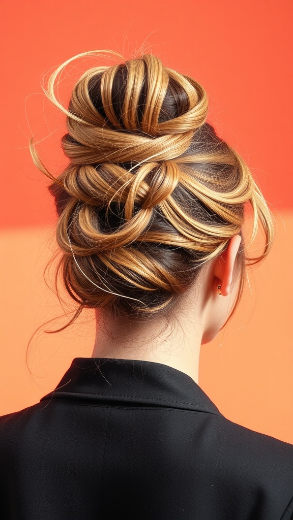 A stylish messy bun hairstyle with layers and twists, set against an orange background.