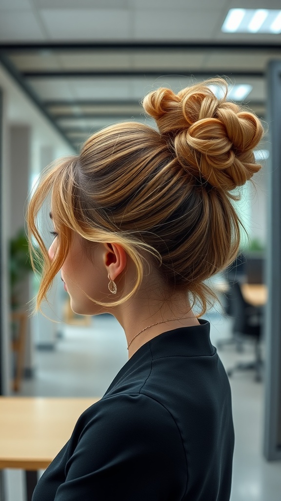 A woman with a stylish messy bun hairstyle, featuring soft strands framing her face, set in a modern office environment.