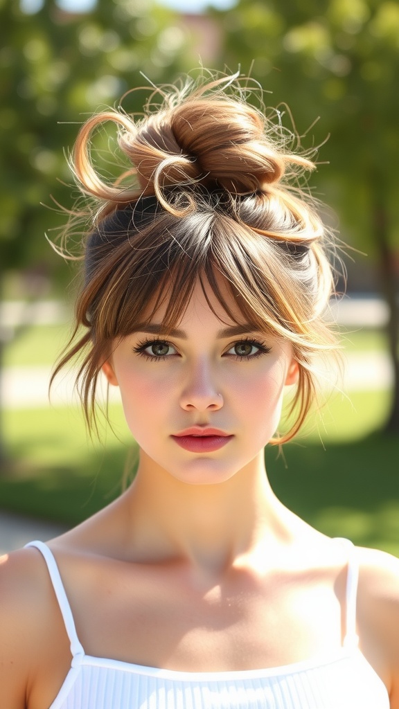 A young woman with a messy bun hairstyle, looking stylish and relaxed.